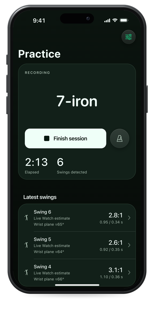 The Striped Practice screen while recording: 7-iron, 2 minutes 13 seconds elapsed, 6 swings detected, and the latest swings at 2.8, 2.6 and 3.1 to 1.