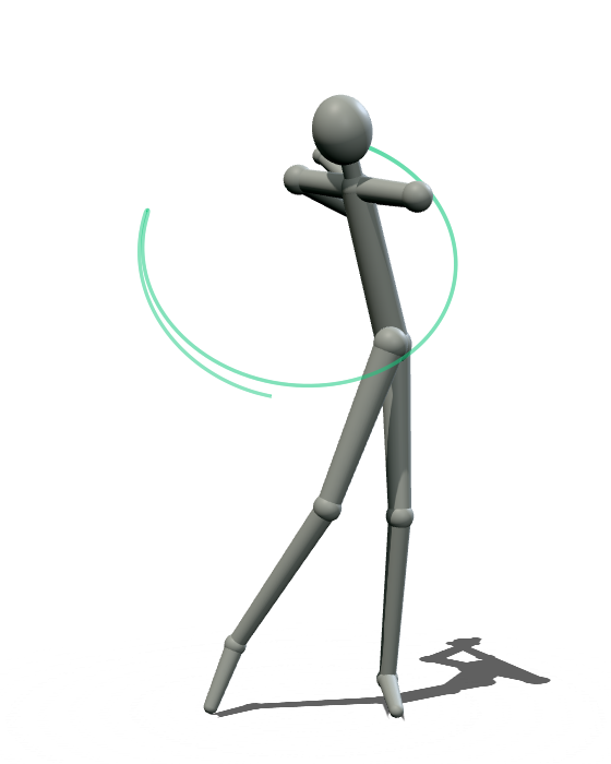 An illustrative golfer at the finish of a swing. A thin mint line traces the path of the lead wrist from address, up to the top and through the ball.